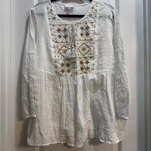 Lucky Brand White Front Tie Embroidered Bohemian Top Large 3/4 Sleeves Cotton